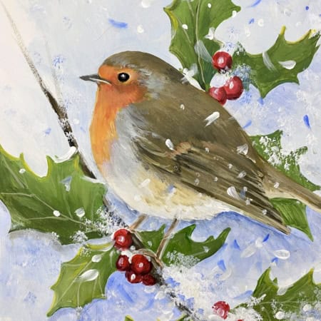 paint a robin on ansnowy branch of holly in acrylic paint.