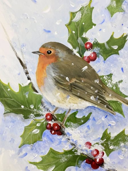 paint a robin on ansnowy branch of holly in acrylic paint.